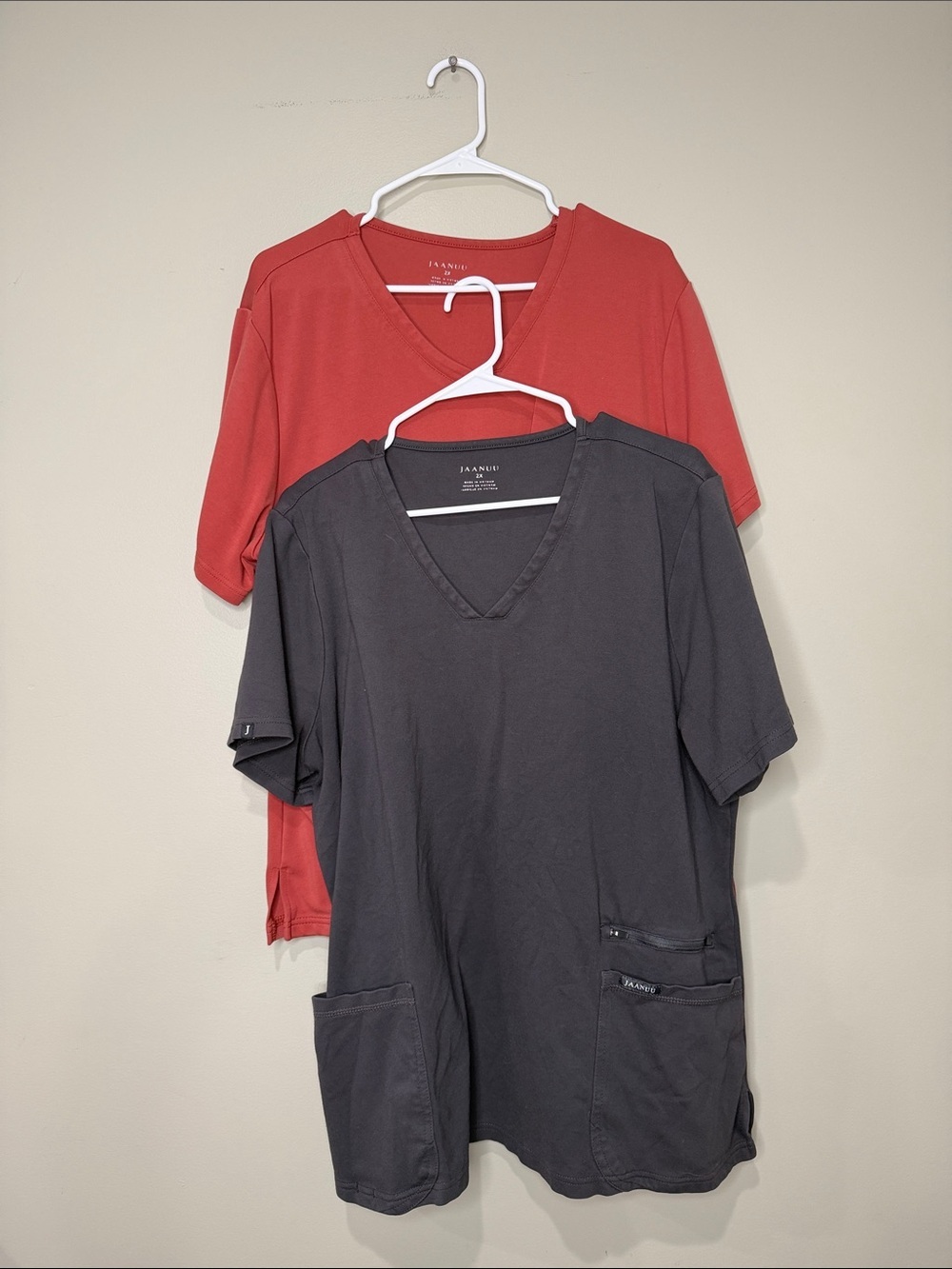 Set of 2 Jaanuu V-Neck Scrub Top in Brick Red and Grey